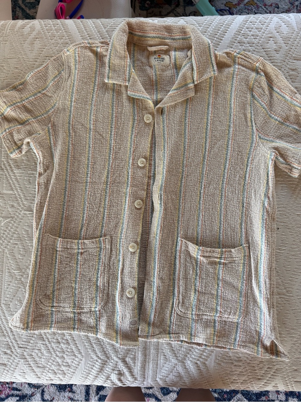 Marine Layer Beige Button-Down Casual Shirt with Multicolor Stripes